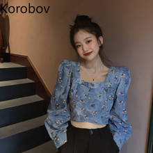 Korobov-Blusas coreanas con estampado de flores para Mujer, Blusas de manga farol con cuello cuadrado, Top corto elegante para Mujer, ropa de calle para otoño 2020 2024 - compra barato