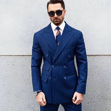 Yiwumensa blazer masculino listrado azul duplo, tamanhos de casamento personalizado para noivo jantar e baile de festa (jaqueta + calça) 2024 - compre barato