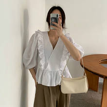 Женская летняя белая сексуальная блуза с v-образным вырезом и рюшами, свободная рубашка с рукавом три четверти, повседневный Топ 2024 - купить недорого