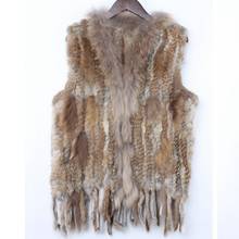 Chaleco de piel de conejo auténtica natural para mujer, abrigo clásico tejido de punto, cálido, con borlas, cuello de piel de mapache 2024 - compra barato