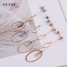 OUFEI-pendientes de cadena larga para mujer, aretes de aro de oro rosa, aretes de cristal, joyería de acero inoxidable, accesorios de círculo grande