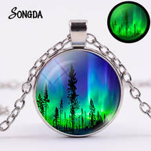 Northern Lights Grow In The Dark Necklace Green Aurora Borealis Charm Art Photos Glass Cabochon Pendant Luminous Jewelry 2024 - buy cheap