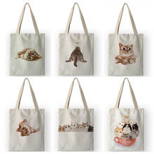 Akb01061 bonito multidão gato impressão eco sacos de compras para mulheres senhora dos desenhos animados animal impressão lona bolsas bolsa 2024 - compre barato