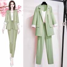 2021 Summer Thin Cotton and Linen Casual Suit Women Chic Outfits Single Breasted Blazer Jacket +  Long Pants 2 Pieces Set 2024 - buy cheap