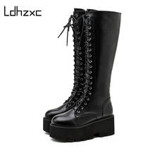 LDHZXC 2020 Platform Heels Pu Leather Knee High Boots Women Retro Punk Long Boots Woman Lace Up Booties Mujer New Fall 2024 - buy cheap