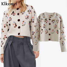 Klkxmyt ZBZA Women 2020 Fashion Crochet Flowers Cropped Knitted Cardigan Sweater Vintage Long Sleeve Female Outerwear Chic Tops 2024 - buy cheap