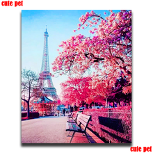 Bordado costura pinturas torre eiffel strass colado diy pintura diamante ponto cruz rosa árvore mosaico decoração salão de beleza 2024 - compre barato