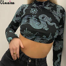 Unaiza Women Dragon Pattern Print Crop T-shirts Tops Long Sleeve Backless Sexey Tees Top Women Cropped Skinny Elastic Clothing 2024 - buy cheap