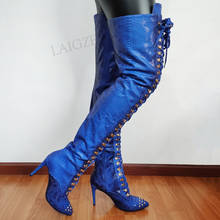 LAIGZEM-Botas altas por encima de la rodilla para mujer, zapatos de tacón alto con cremallera lateral y cordones, talla grande 39, 42, 44, 47, 2021 2024 - compra barato