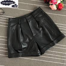 Streetwear Sheepskin Genuine Leather Women Fashion High Waist Slim Wide Leg Brand Zipper Black Casual Shorts 2024 - buy cheap