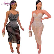 Sexy diamantes sheer mesh ver embora mergulhar com decote em v midi bodycon vestido elegante espaguete sem costas festa à noite clubwear vestidos 2024 - compre barato