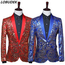 Formal Tuxedo Men's Blue Red Flower Sequins Shawl Collar Suit Jackets Singer Chorus Host Stage Performance Coat Sequin Blazers 2024 - buy cheap