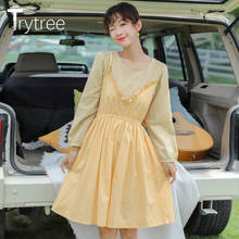 Tritree vestido feminino casual, primavera outono, decote redondo, patchwork, manga xadrez, cintura elástica, linha a, camisa doce, 2020 2024 - compre barato