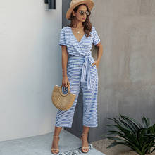 Summer Striped Print Jumpsuits Woman Sexy V-neck Short Sleeve Sashes Fashion Playsuit Casual Slim Wide Leg Rompers Lady Overalls 2024 - buy cheap