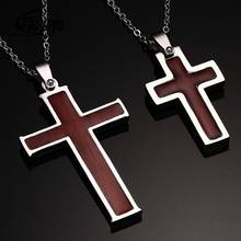 EyeYoYo Stainless Steel Inlaid Wood Grain Christian Cross Necklace Religious Prayer Jewelry For Men and Women 2024 - buy cheap