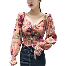 Sexy Blouses Square Collar Printed Chiffon Shirts Off-Shoulder Short Slimming Lantern Sleeve Tops Temperament Camisa 2024 - buy cheap