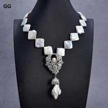 GuaiGuai Jewelry 19" White Cultured Square Keshi Pearl Necklace Keshi Pearl CZ Pendant 2024 - buy cheap