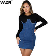 VAZN-Vestido corto de manga larga para mujer, traje Sexy de alta calidad con estampado de retazos, cintura alta, 2021 2024 - compra barato