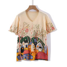 Camisetas de lino con estampado de flores para mujer y niña, camisa Vintage con cuello en V, blusas, jerséis de manga corta, Tops 2024 - compra barato