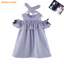 Meninas vestido de verão novas crianças fora do ombro listrado moda princesa vestido + faixa de cabelo 2-6 anos de idade roupas infantis
