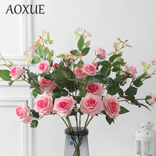 AOXUE-Flor de seda rosa de 3 cabezas, flores falsas de simulación para el hogar, sala de estar, decoración de hotel, ramo de boda, plantas artificiales, 75cm 2024 - compra barato