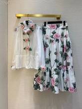 Elegant Set Summer Autumn New Fashion Design Women Runway appliqué Shirt + Midi Print Skirt Print Suit 2024 - buy cheap