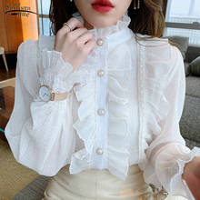 Camisa de renda de chiffon plissada coreana, elegante, doce, chique, manga bufante longa, blusa feminina, damasco, tops, colarinho, roupas 13433 2024 - compre barato