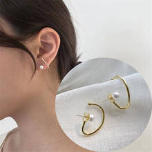 Pendientes de aro con perlas trenzadas para mujer, aretes con diseño geométrico de doble cara, joyería elegante para fiesta 2024 - compra barato