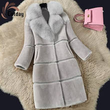 Cotday Slim 2021 Fashion Korean Women's Sheep Fleece Fur Splicing Autumn Winter Wram Coat Medium Length Fox Fur Collar Fur Coat 2024 - buy cheap