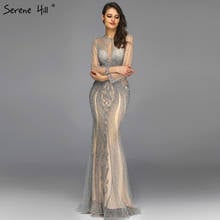 2020 Full Crystals Sexy O-Neck  Mermaid Prom Gowns Dubai Long Sleeves Grey Luxury Dresses  Serene Hill BLA70116 2024 - buy cheap