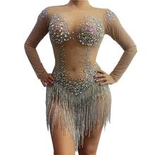 Body de cristal de estrás plateado brillante para mujer, leotardo transparente de malla Sexy, vestido de fiesta de cumpleaños, disfraz de cantante de baile 2024 - compra barato