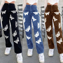 Fashion Women's Pants Butterfly Print Denim Trousers Wide Leg High Waist Straight Leg Jeans For Girls Casual Pants With Pocket 2024 - buy cheap