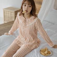 Nightwear women's suit spring and autumn lapel trousers orange plaid Korean cotton and linen summer home service red pajamas 2024 - buy cheap