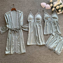 Sexy Lace Stain Sleepwear Pajamas 4 Pieces Women Pajamas Sets Faux Silk Sleepwear Sets Summer Sling Shorts Robe Gown Home Wear 2024 - buy cheap