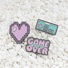 Cartoon cute game console handle button Tetris heart shape "GAME OVER" letter Purple brooch Creative personality badge 2024 - buy cheap