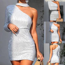 2020 Sexy V Neck Slip Bodycon Dress Women Long Sleeve Glitter Mini Dresses Clubwear Ladies Sequin Shiny Evening 2024 - buy cheap