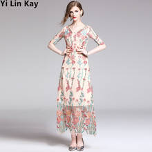 Luxury Embroidery Floral Mesh Evening Party Dress New 2020 Summer Casual Women Half Sleeve Long Slim Festival  Dress 2024 - buy cheap