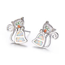 Luxury Female White Blue Opal Earrings Cute Small Cat Stud Earrings For Women Bride Jewelry Vintage Silver Color Animal Earrings 2024 - buy cheap