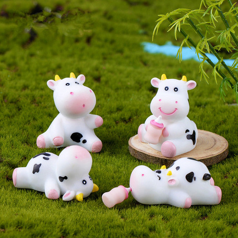 5pcs Lot Kawaii Cow Figurine Mini, Garden Animal Ornaments Resin