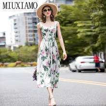 MIUXIMAO 2020 летнее платье новейшее милое платье на тонких бретельках с зеленым листом и цветочным принтом Элегантное Длинное платье для женщин Vestidos 2024 - купить недорого