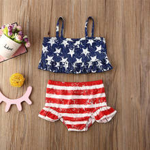 Maiô de verão para meninas de 1-6 anos, roupa de banho para crianças, biquíni plissado com bandeira americana, estrela, roupa de praia para meninas 2024 - compre barato