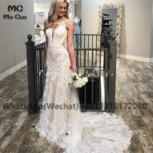 2021 Vintage Mermaid Wedding Dresses with Lace Appliques Sleeveless Sheer Neck Bridal Gowns Satin Wedding Dress for Women 2024 - buy cheap