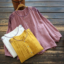 Blusa holgada de lino y algodón con cuello levantado para mujer, camisa vintage literaria bordada, novedad de primavera, 8811 2024 - compra barato
