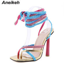 Aneikeh-Zapatos De verano De PU para Mujer, sandalias De boda De tacón alto con banda estrecha De retales, suaves y poco profundos, 2022 2024 - compra barato