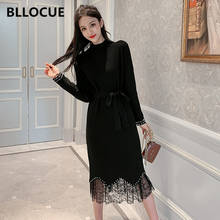 BLLOCUE Autumn Winter Lace Pearls Beading Knit Two-piece set Dress Women Pullover Sweater Long Sleeve Solid Color Elegant Dress 2024 - buy cheap