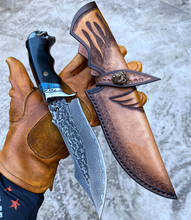 Cuchillo recto de acero de Damasco VG10, con cabeza de calavera aleada, hoja fija, para caza y acampada al aire libre, autodefensa 2024 - compra barato