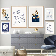 Abstract Woman Line Gallery Blue Golden Leaf Scene Art Canvas Painting Modern Poster Print Pictures for Living Room Home Decor 2024 - buy cheap