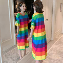 Vestidos holgados de algodón para mujer, ropa Coreana de talla grande a rayas de manga corta con cuello redondo #2304 2024 - compra barato