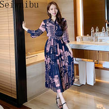 Vestido casual estilo coreano da moda abaixado de manga longa moda urbana feminina estampada vestidos plissados do meio da panturrilha 2020 outono 2024 - compre barato