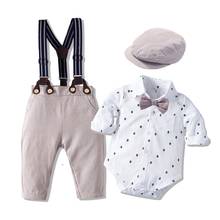 Macacão conjunto de roupas para o bebê menino com arco chapéu cavalheiro listrado verão terno com arco da criança do miúdo conjunto bodysuit infantil menino roupas 2024 - compre barato